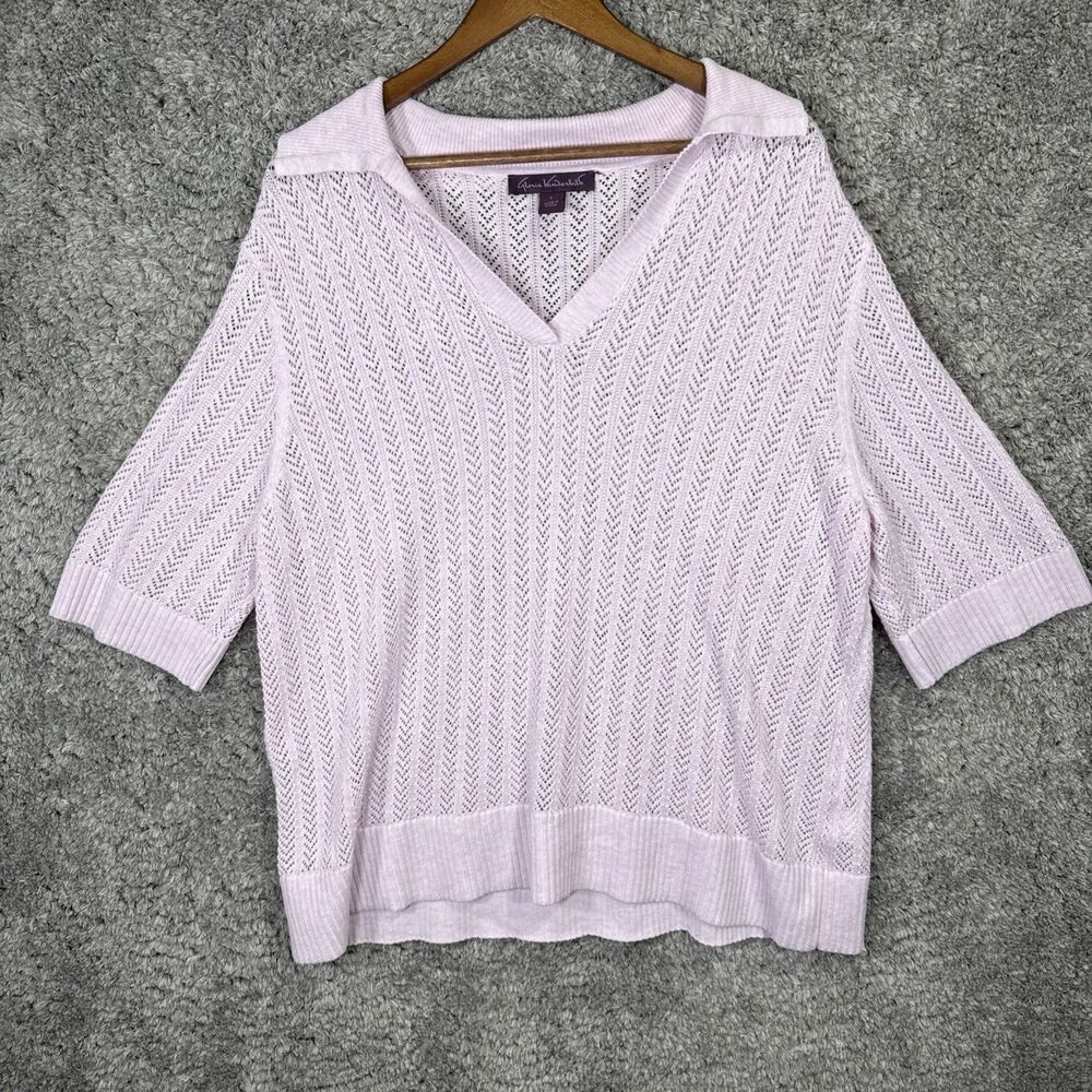 Gloria Vanderbilt Crochet Knit Blouse Top Lilac Size Large Collared V Neck Boho